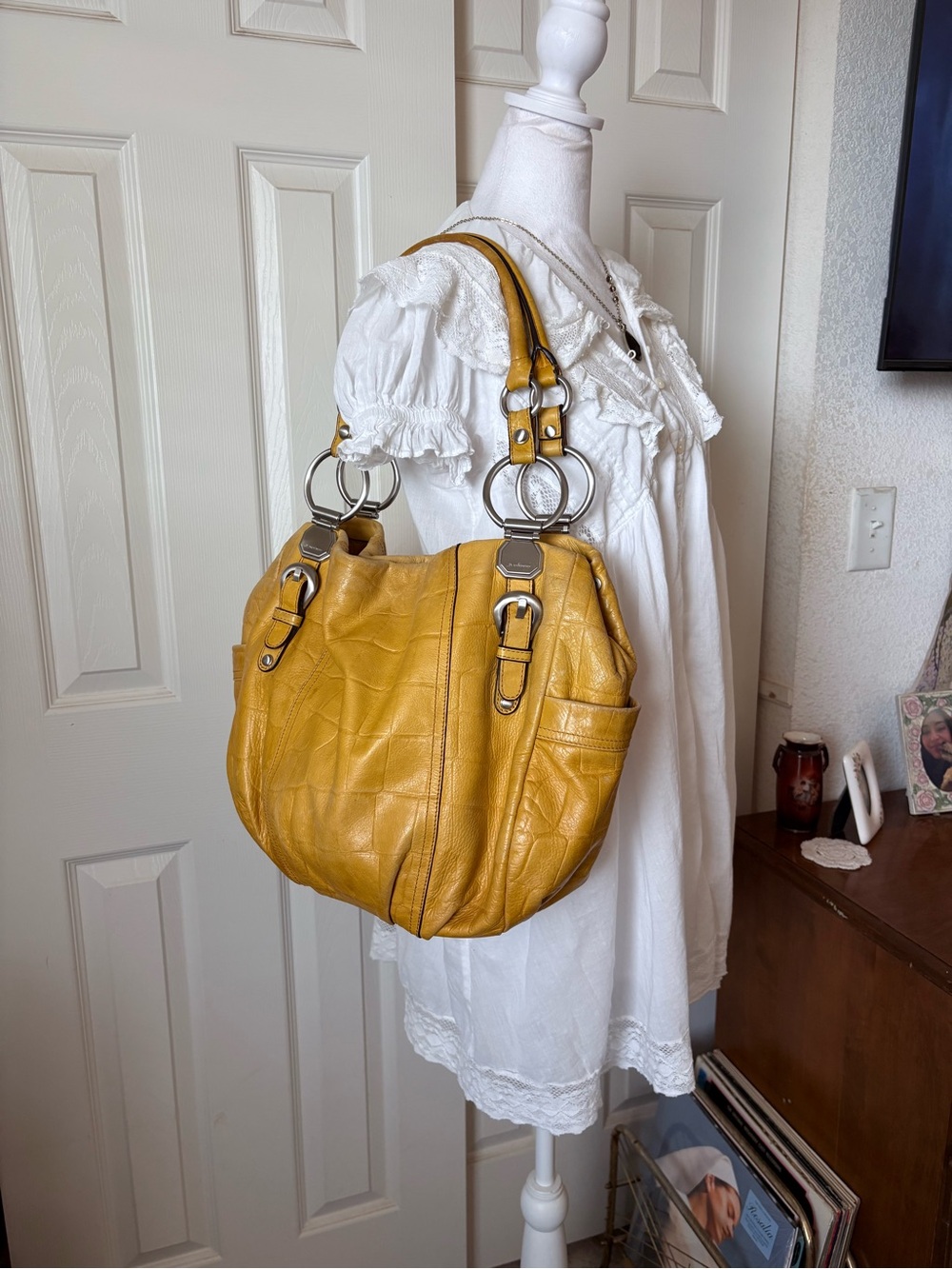 B. Makowsky Yellow Croc Embossed Leather Shoulder Bag w/ Silver O-Ring Hardware